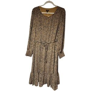 Talbots Leopard Animal Print Fit & Flare Dress Size 14 Midi Long Sleeve Ruffled